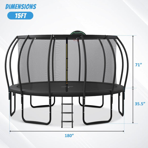 English Elm 15ft Outdoor Trampoline with Arcpole Enclosure Basketball Hoop and Ground Anchors SC000015AAB