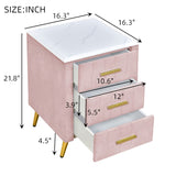 English Elm Upholstered Wooden Nightstand With 3 Drawers and Metal Legs&Handles,Fully Assembled Except Legs&Handles,Bedside Table With Marbling Worktop - Pink