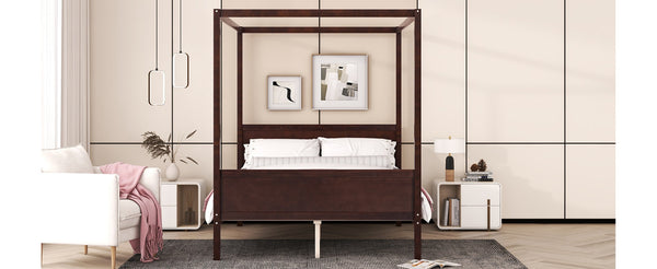 English Elm Queen Canopy Platform Bed with Built-in Headboard Pinewood Frame and Curtain Rails Espresso WF311397AAP