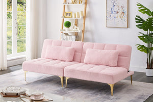 English Elm 71" Convertible Sofa Bed Futon in Plush Teddy Fabric Pink with Gold Metal Legs, 3-Seater, 600lb Capacity W1097S00100