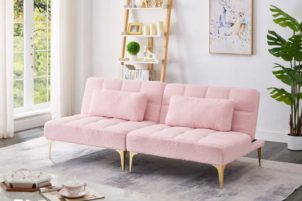 English Elm 71" Convertible Sofa Bed Futon in Plush Teddy Fabric Pink with Gold Metal Legs, 3-Seater, 600lb Capacity W1097S00100