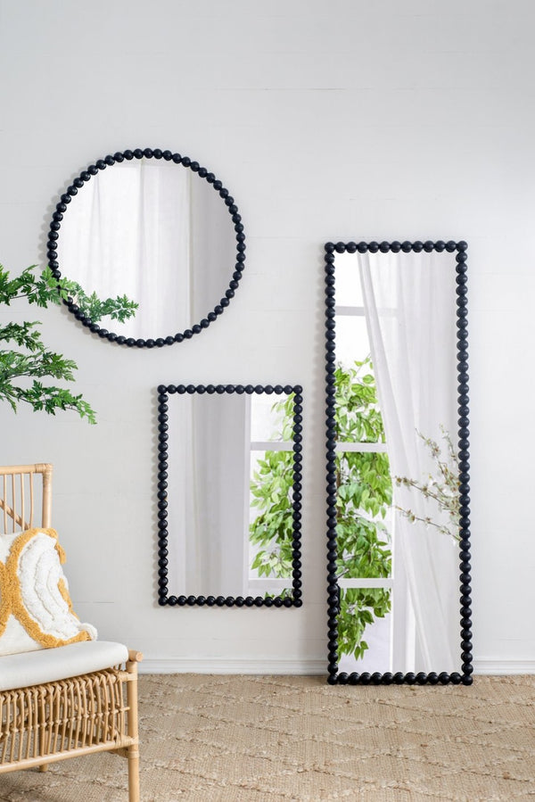 English Elm 32" Iron Bead Round Wall Mirror Matte Black Frame Accent for Bedroom or Entryway W2078138953