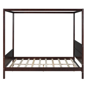 English Elm Queen Canopy Platform Bed with Built-in Headboard Pinewood Frame and Curtain Rails Espresso WF311397AAP