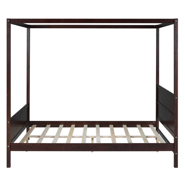 English Elm Queen Canopy Platform Bed with Built-in Headboard Pinewood Frame and Curtain Rails Espresso WF311397AAP
