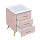 English Elm Upholstered Wooden Nightstand With 3 Drawers and Metal Legs&Handles,Fully Assembled Except Legs&Handles,Bedside Table With Marbling Worktop - Pink