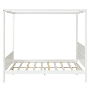 English Elm Queen Canopy Platform Bed with Built-in Headboard Pinewood Frame and Curtain Rails White WF311397AAK