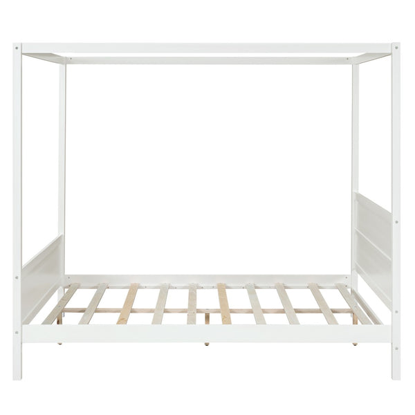 English Elm Queen Canopy Platform Bed with Built-in Headboard Pinewood Frame and Curtain Rails White WF311397AAK