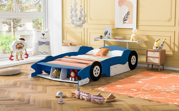 English Elm Full Size Race Car Platform Bed for Kids with Built-in Rails and Sporty Design Blue LP002420AAC-1
