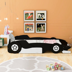 English Elm Twin Race Car Platform Bed for Kids Motorsport Bedroom with Built-in Safety Rails Black N708P404595B