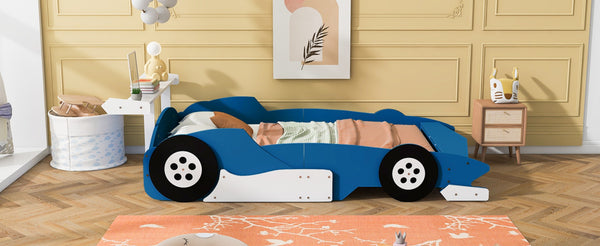 English Elm Full Size Race Car Platform Bed for Kids with Built-in Rails and Sporty Design Blue LP002420AAC-1