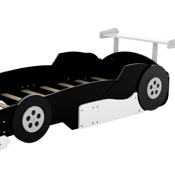 English Elm Twin Race Car Platform Bed for Kids Motorsport Bedroom with Built-in Safety Rails Black N708P404595B