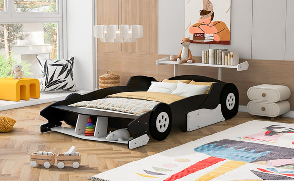 English Elm Full Size Race Car Platform Bed for Kids with Built-in Rails and Sporty Design Black LP002420AAB-1