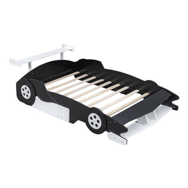 English Elm Full Size Race Car Platform Bed for Kids with Built-in Rails and Sporty Design Black LP002420AAB-1