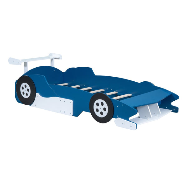 English Elm Twin Race Car Platform Bed for Kids Motorsport Bedroom with Built-in Safety Rails Blue N708P404595C