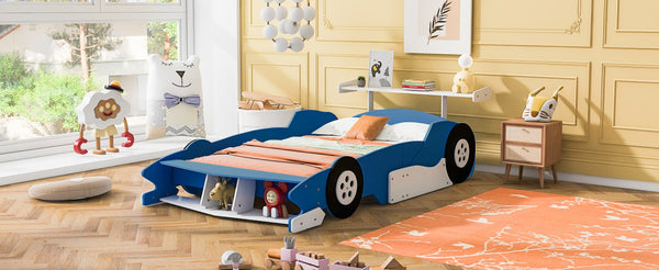 English Elm Full Size Race Car Platform Bed for Kids with Built-in Rails and Sporty Design Blue LP002420AAC-1