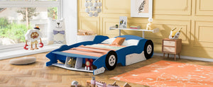 English Elm Full Size Race Car Platform Bed for Kids with Built-in Rails and Sporty Design Blue LP002420AAC
