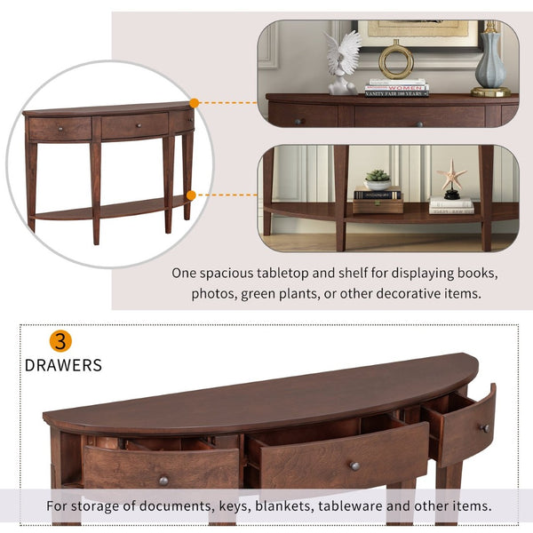 English Elm U-style Curved Console Table with 3 Drawers Open Shelf Entryway Hallway Storage WF312995AAD