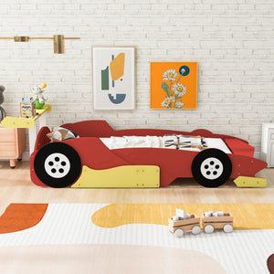 English Elm Twin Race Car Platform Bed for Kids Motorsport Bedroom with Built-in Safety Rails Red N708P404595J