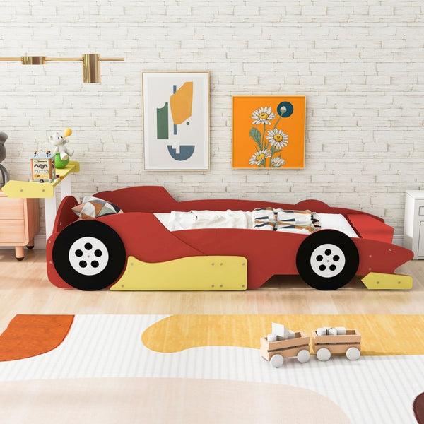 English Elm Twin Race Car Platform Bed for Kids Motorsport Bedroom with Built-in Safety Rails Red N708P404595J
