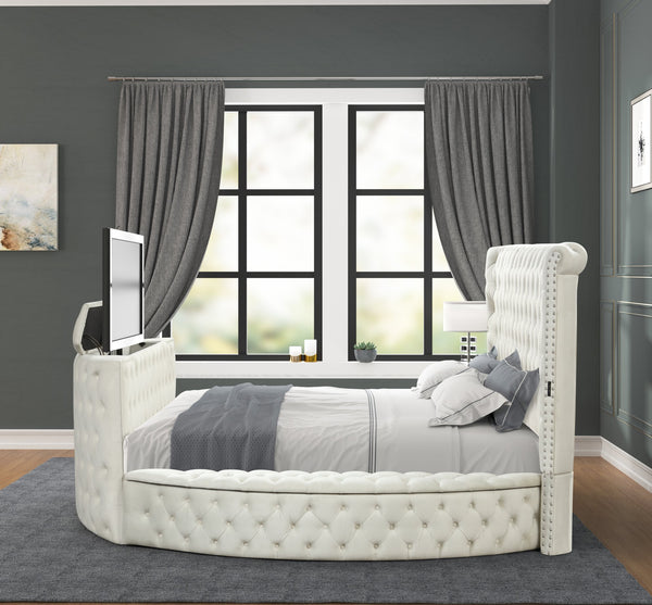 English Elm Modern Crystal Tufted Queen Bed With Plush Velvet Upholstery & Built-In Usb Charging, Cream Finish B009S01107