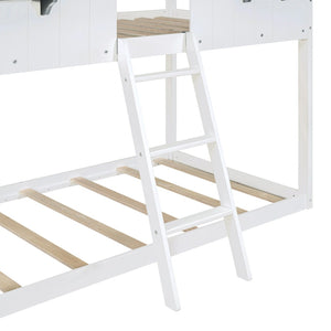 English Elm Twin Over Pine Bunk Bed Playhouse Design with Roof Windows and Guardrails LT000045AAK-1