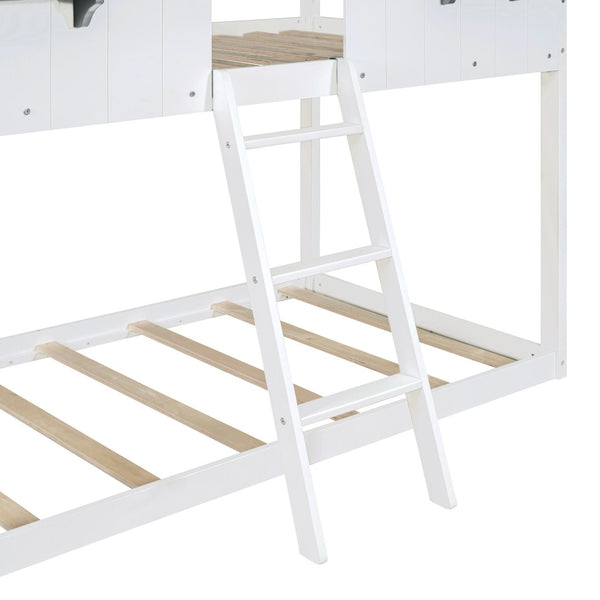 English Elm Twin Over Pine Bunk Bed Playhouse Design with Roof Windows and Guardrails LT000045AAK-1