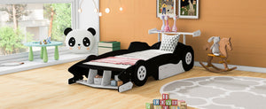 English Elm Twin Race Car Platform Bed for Kids Motorsport Bedroom with Built-in Safety Rails Black N708P404595B