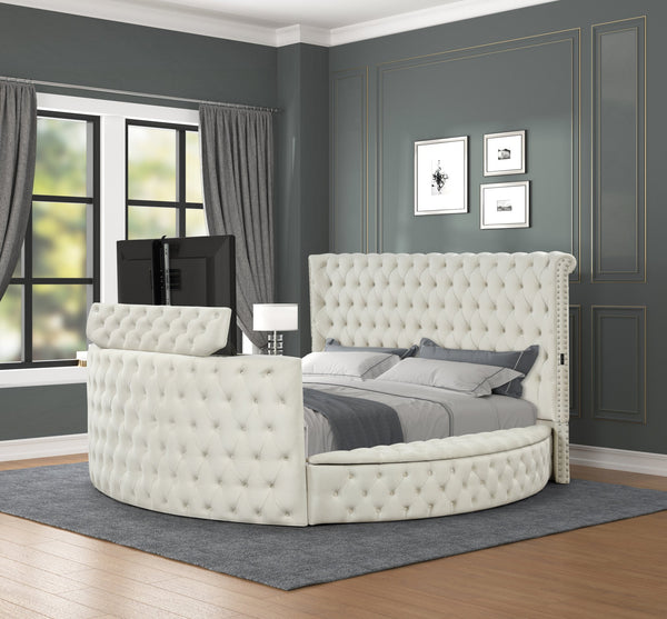 English Elm Modern Crystal Tufted Queen Bed With Plush Velvet Upholstery & Built-In Usb Charging, Cream Finish B009S01107