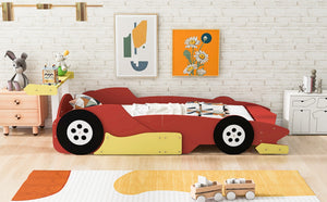 English Elm Twin Race Car Platform Bed for Kids Motorsport Bedroom with Built-in Safety Rails Red N708P404595J
