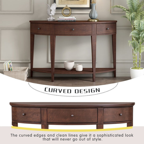 English Elm U-style Curved Console Table with 3 Drawers Open Shelf Entryway Hallway Storage WF312995AAD