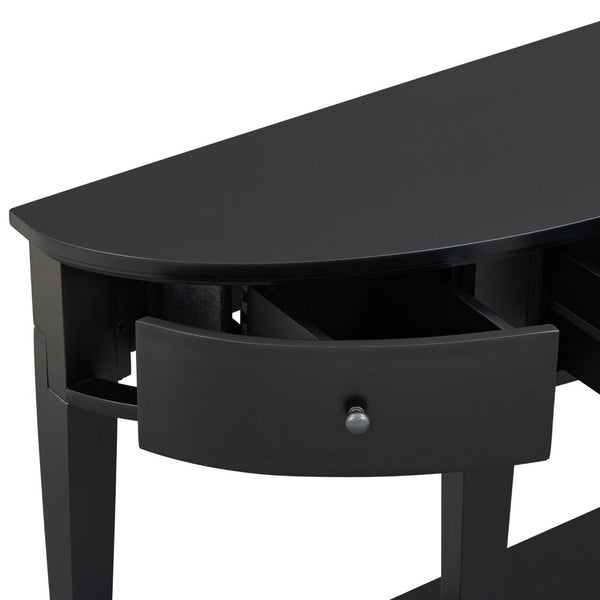 English Elm U-style Curved Console Table with 3 Drawers Open Shelf Entryway Hallway Storage WF312995AAB