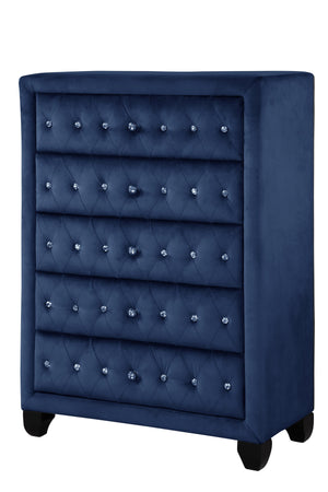 English Elm Modern Sophia Velvet 5-Drawer Chest — Hollywood Regency Crystal Tufted Upholstery, Durable Wood Blue Glamicity 733569243150