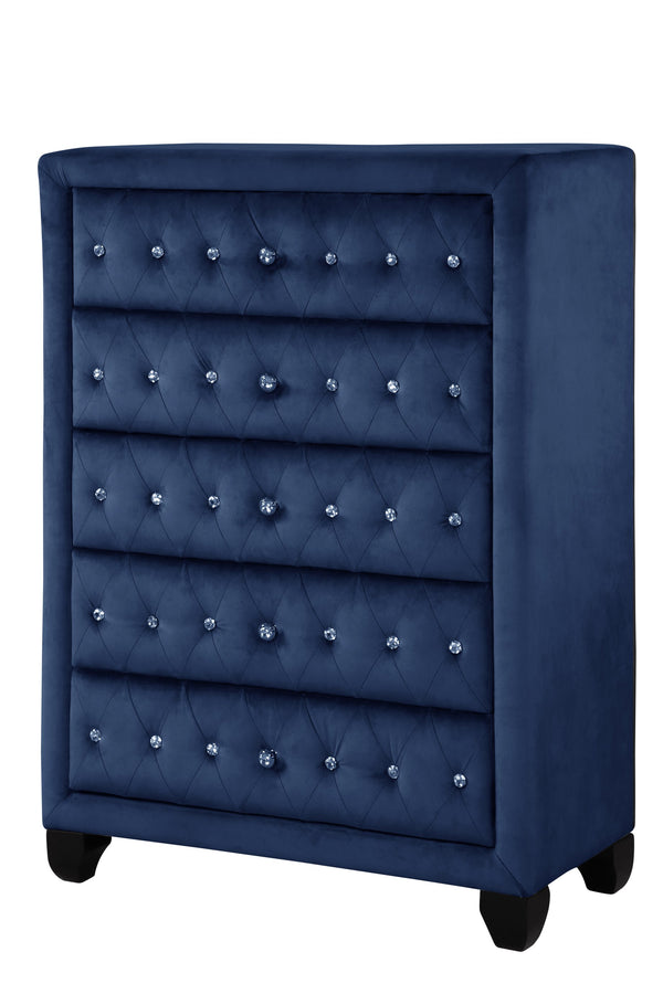 English Elm Modern Sophia Velvet 5-Drawer Chest — Hollywood Regency Crystal Tufted Upholstery, Durable Wood Blue Glamicity 733569243150