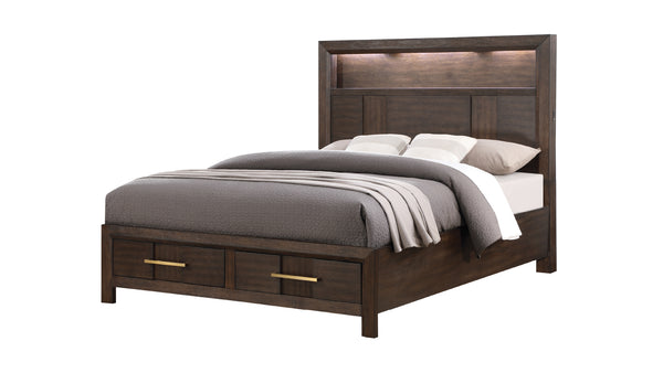 English Elm KENZO Queen 4PC Bedroom Set with LED Headboard, Bluetooth Speakers, USB Ports & Storage, Walnut B009S01138
