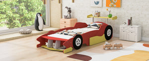 English Elm Twin Race Car Platform Bed for Kids Motorsport Bedroom with Built-in Safety Rails Red N708P404595J