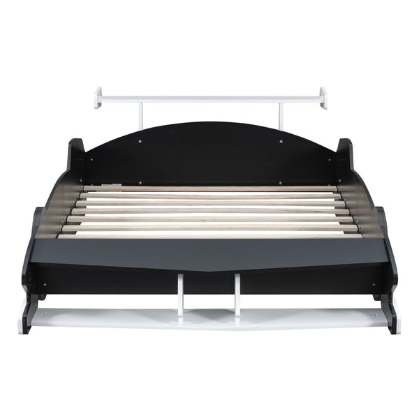 English Elm Full Size Race Car Platform Bed for Kids with Built-in Rails and Sporty Design Black LP002420AAB-1