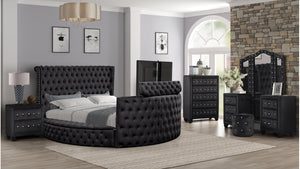 English Elm Crystal Tufted Queen 5 Pc Vanity Bedroom Set In Black - Luxurious Design With Smart Features & Storage B009S01133
