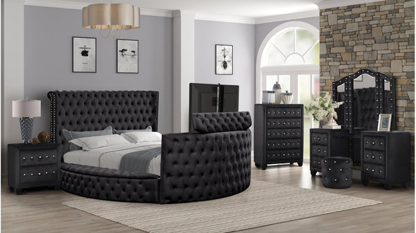 English Elm Crystal Tufted Queen 5 Pc Vanity Bedroom Set In Black - Luxurious Design With Smart Features & Storage B009S01133