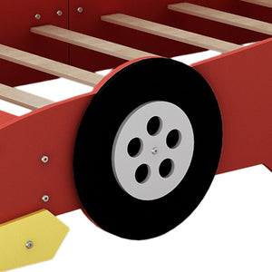 English Elm Twin Race Car Platform Bed for Kids Motorsport Bedroom with Built-in Safety Rails Red N708P404595J