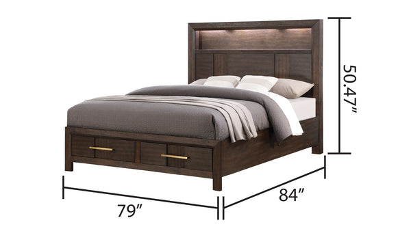 English Elm Kenzo King Bed with LED Headboard, Built‑in Bluetooth Speakers, USB Ports & Walnut Bookshelf Storage B009S01823
