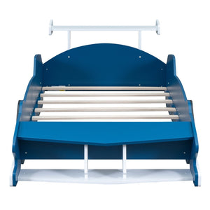 English Elm Twin Race Car Platform Bed for Kids Motorsport Bedroom with Built-in Safety Rails Blue N708P404595C