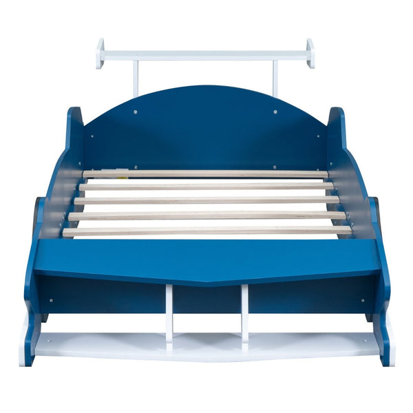 English Elm Twin Race Car Platform Bed for Kids Motorsport Bedroom with Built-in Safety Rails Blue N708P404595C