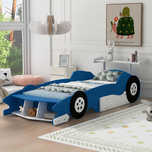 English Elm Twin Race Car Platform Bed for Kids Motorsport Bedroom with Built-in Safety Rails Blue N708P404595C