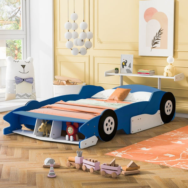 English Elm Full Size Race Car Platform Bed for Kids with Built-in Rails and Sporty Design Blue LP002420AAC-1