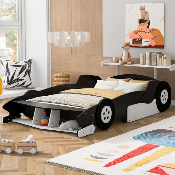 English Elm Full Size Race Car Platform Bed for Kids with Built-in Rails and Sporty Design Black LP002420AAB-1