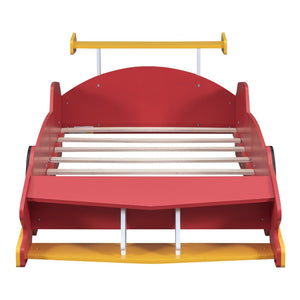 English Elm Twin Race Car Platform Bed for Kids Motorsport Bedroom with Built-in Safety Rails Red N708P404595J