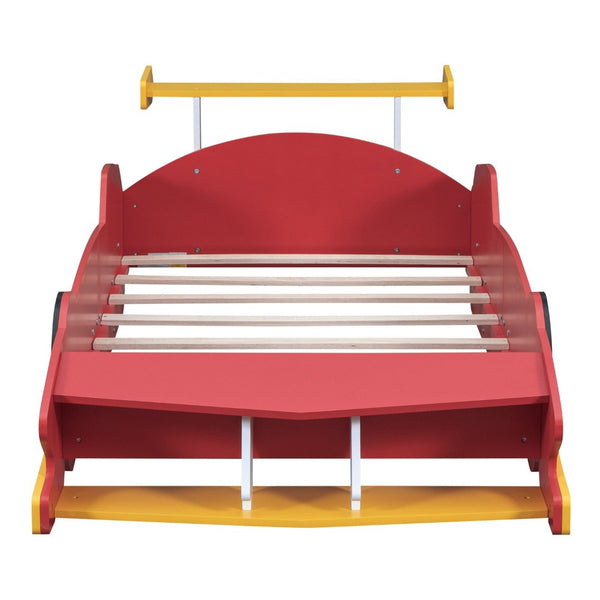 English Elm Twin Race Car Platform Bed for Kids Motorsport Bedroom with Built-in Safety Rails Red N708P404595J