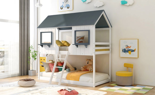English Elm Twin Over Pine Bunk Bed Playhouse Design with Roof Windows and Guardrails LT000045AAK-1