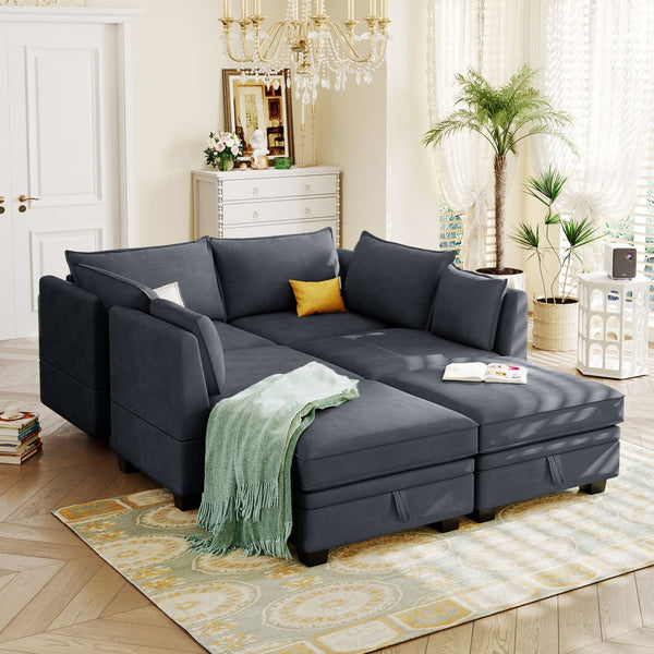 English Elm U_style Six Seat Modular U-shaped Sectional with Hidden Storage and Sleeper Function Dark Grey WY000363AAD