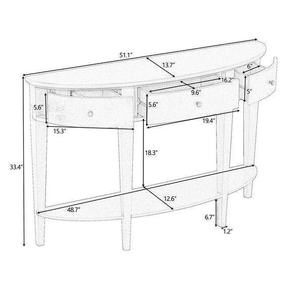 English Elm U-style Curved Console Table with 3 Drawers Open Shelf Entryway Hallway Storage WF312995AAD